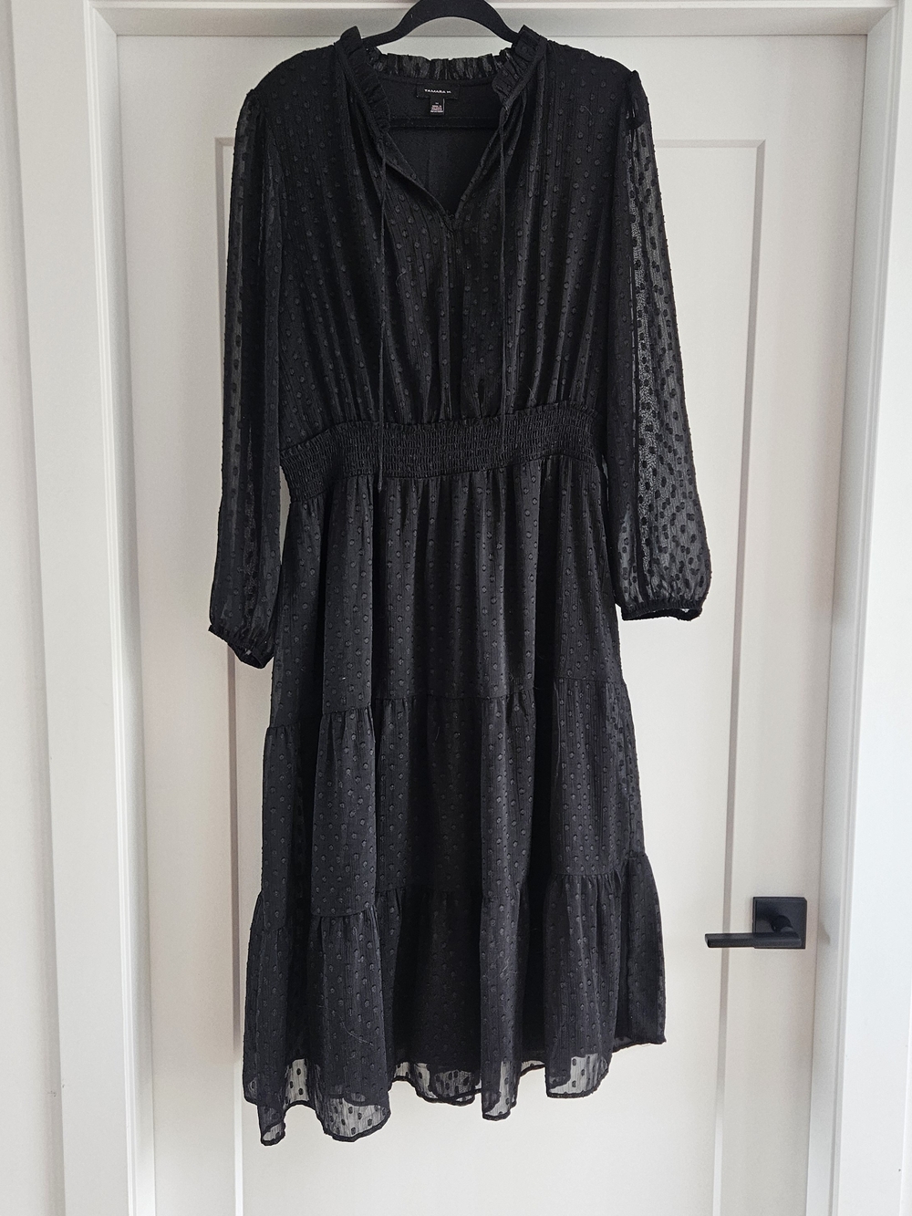 Women’s Black Long-Sleeve Swiss Dot Tiered Dress with Smocked Waist 1X